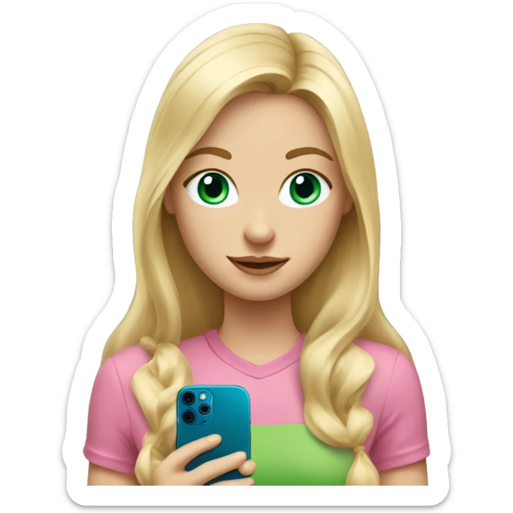 Long blond hair girl with blue eyes and pink shirt holding an iPhone 12 green sticker