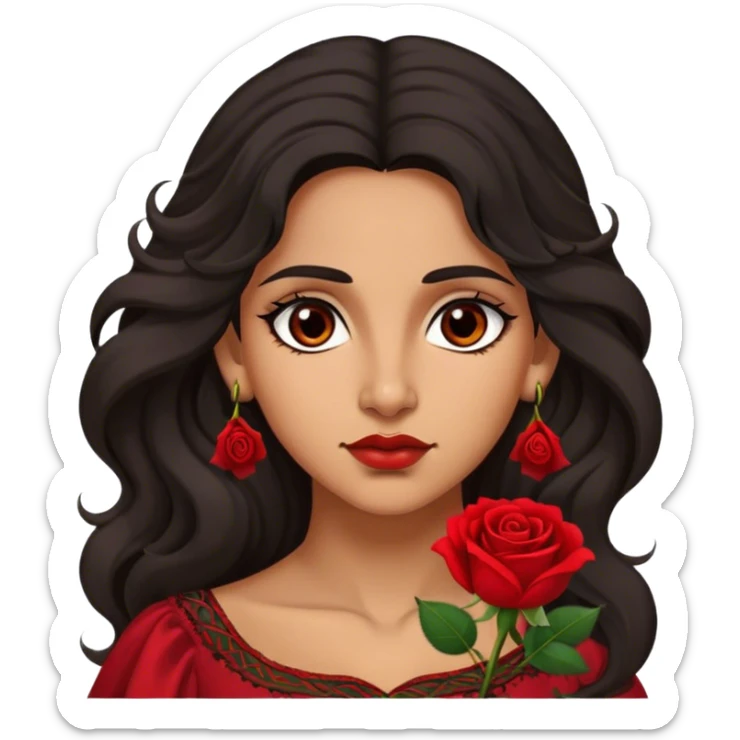 A Romani woman with long, wavy dark hair and a single red rose behind one ear. She has deep eyes and a confident, mysterious expression sticker