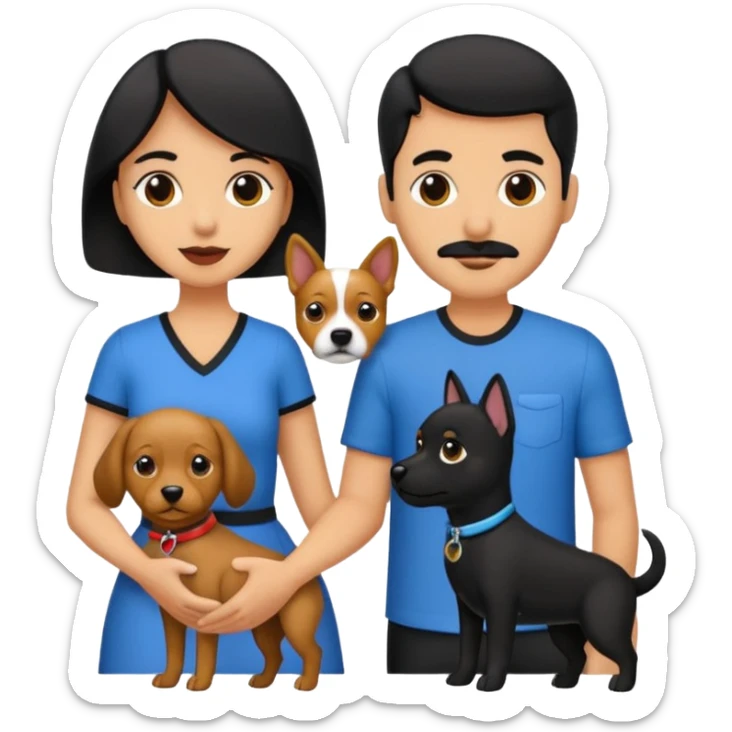 Pareja hombre y mujer, pelo negro ambos, y con dos perritos pincher en sus brazos sticker