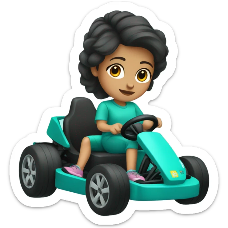 Girl with dark brown hair, on a teal go kart sticker