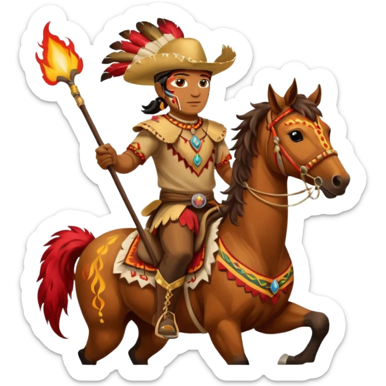 Male Chief Osceola wearing traditional Seminole garb and face paint , riding Appaloosa horse and planting a spear with feathers and flames on tail into football field sticker