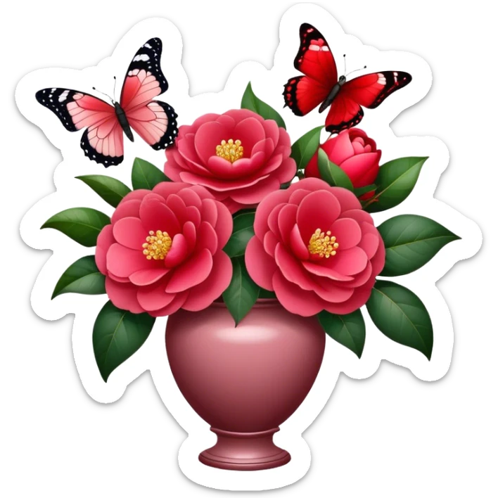 Majestic butterfly with Cherry Red and Dark Garnet wings fluttering above a Lush Red bouquet of Camellias in a Romantic Dusty Pink vase, with subtle golden light enhancing the scene. sticker