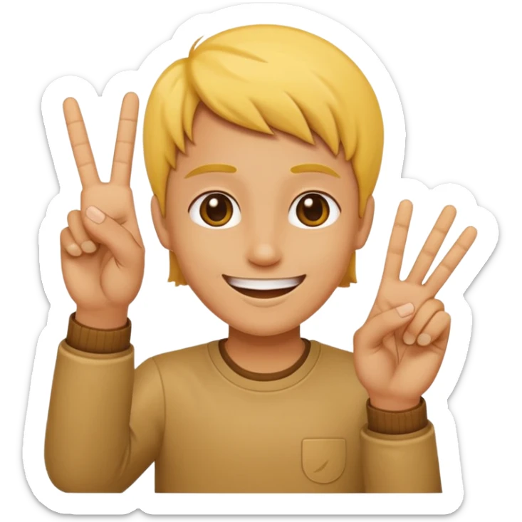 minimalist peace sign hand emoji, yellow, cartoon, two fingers sticker