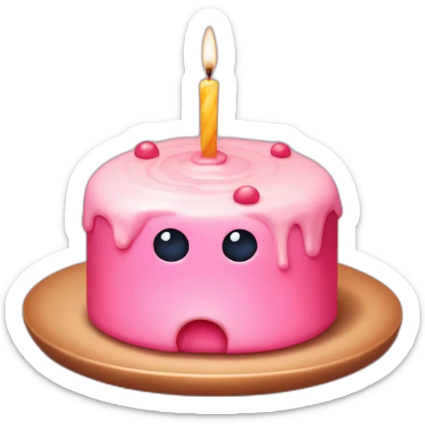 Pink small cake with candle, and two eyes in the glaze, two teeth crawling out from under the glaze sticker