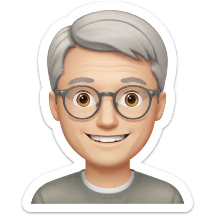 30 yr old pale white man, grey side swept hair, round glasses, big smile, white teeth, handsome, longer hair, thin glasses, no wrinkles sticker