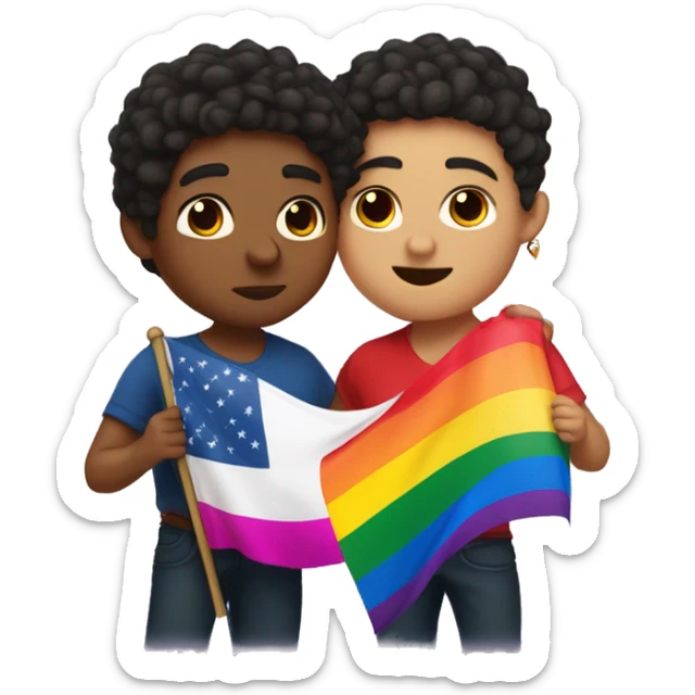 gay fat mexican boy with low taper fade hair cut kissing another gay mexican boy with long curly hair french style while holding pride flag sticker