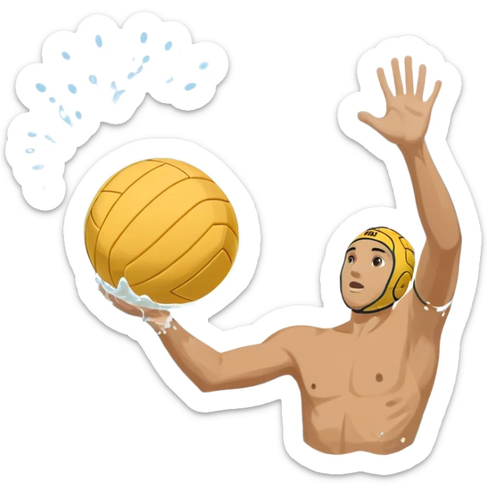 An icon showing a close-up of a yellow water polo ball, splashing water, and a player’s hand reaching to throw. Behind, a goal frame and rippling pool surface. Transparent background highlights the intensity, agility, and energy of water polo as a competitive sport. sticker