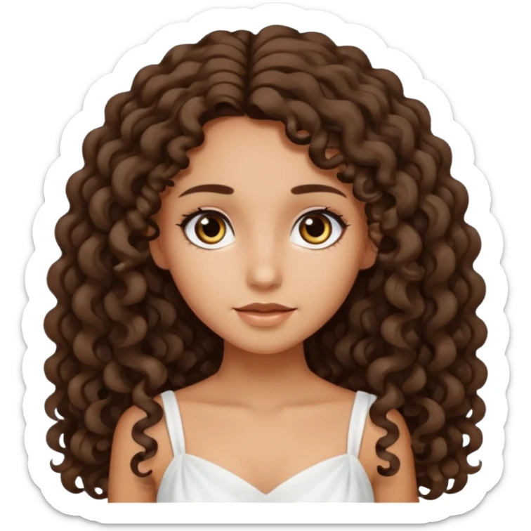 Light tanned skin girl with dark brown very long curly hair, dark eyes, white dress sticker