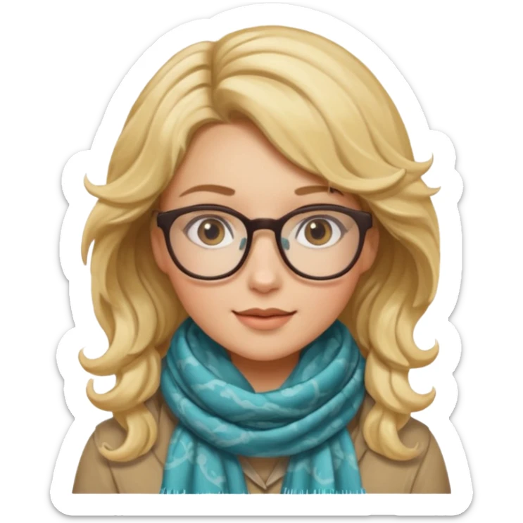 a girl drink with blonde wavy hair, wearing glasses, having scarf sticker