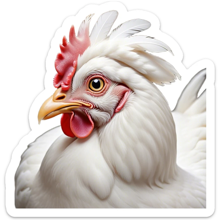 Cinematic Noble White Chicken Portrait Emoji, Poised and regal, with a compact, sturdy build and a pristine, well-groomed pure white plumage, deep-set soulful beady eyes, Simplified yet sharp and sophisticated features, highly detailed, glowing with a soft, dignified glow, high shine, intelligent and alert, stylized with an air of barnyard elegance, focused and attentive, soft glowing outline, capturing the essence of a watchful and confident fowl, so majestic it feels as though it could strut out of the screen with effortless authority! sticker