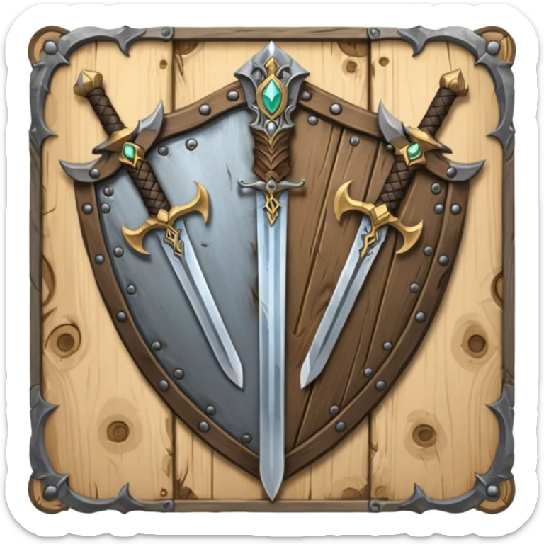  two sword cross, next to or in front of a shield, world of war craft style, elven flare sticker