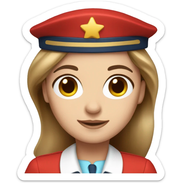 A white stewardess with long brown hair and brown eyes in a red uniform and a red beret sticker