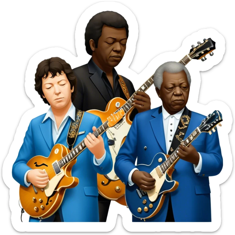 Icon for Blues Music: close-up collage of legendary blues artists. Gary Moore, Eric Clapton, B.B. King and Joe Cocker. Represented by silhouettes or symbolic items like guitars, microphones, or music notes, reflecting the soulful energy of blues music. Transparent background. sticker
