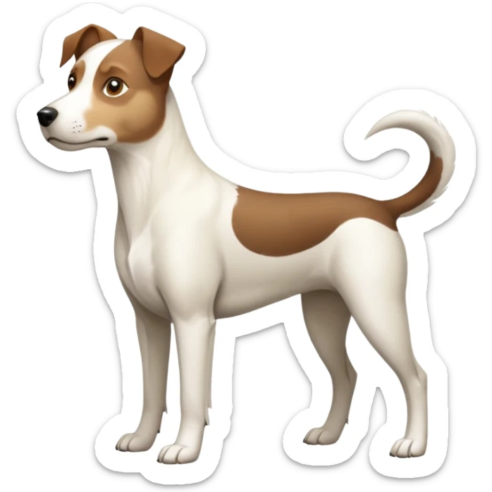 a full body large white parson russell looking dog the size of a kelpie with light brown flapped down ears and a light brown patch on one eye and a large snout sticker