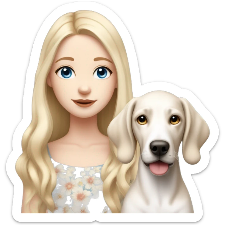 pale skin girl with blue eyes with long blonde hair that has a flower in her hair  holding a English pointer mixed with a lab dog the dog also has a flower in its hair sticker