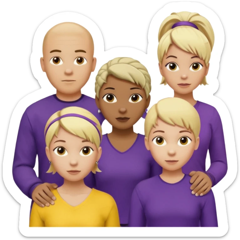 5 person team; 2 men and 3 women.  All dressed in yellow or purple.  1 caucasian woman with blonde mid length hair. 1 caucasian woman with blonde short length hair. 1 caucasian woman has ash blonde hair tied up. 1 man is African-american and bald, 1 man is caucasian and very little hair left.  
 sticker