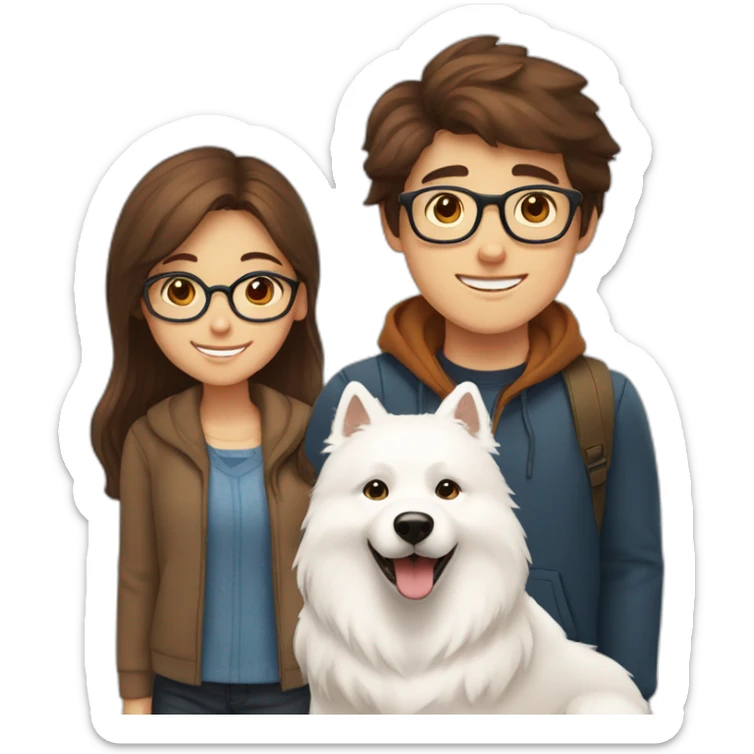 girl with half long brown hair, a boy with short brown hair and glasses, and a happy samoyed sticker