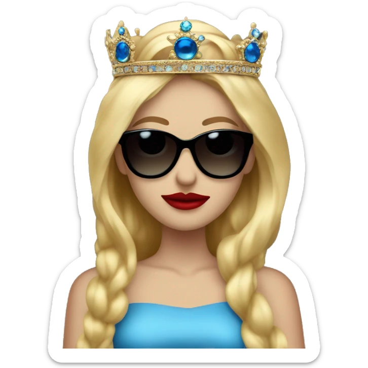 girl long blonde hair blue eyes and red lipstick wearing a crown and black sunglasses that cover her eyes sticker