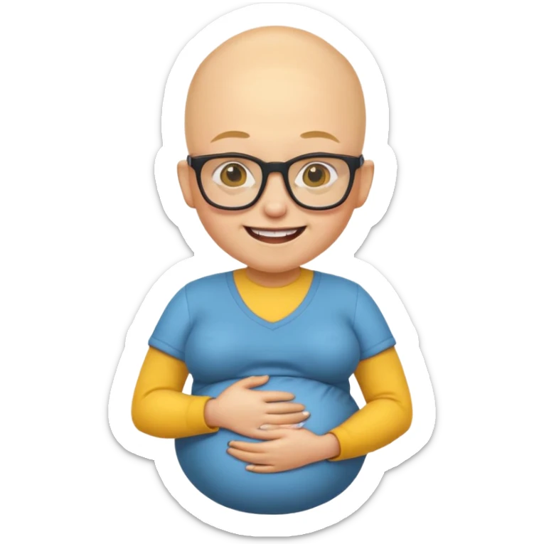 pregnant nerd emoji, yellow skin, buck teeth, bald, glasses, smiling, holding belly sticker