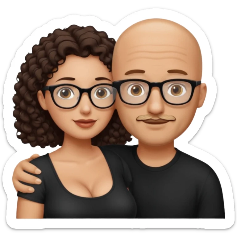 A picture of an embracing couple. the man is a Mexican man with tanned skin, with a bald hair cut, short beard and wearing a black shirt. the woman is wearing rectangle shaped glasses, with long curly dark brown hair and with big boobs  sticker