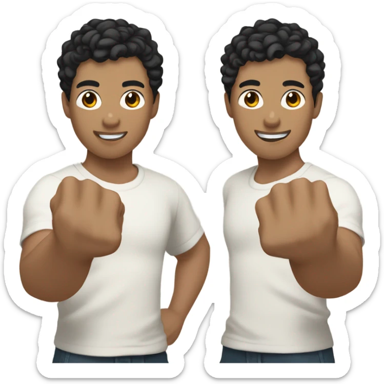 man with short curly black hair with bangs, asian skin type, left hand in a fist, right hand wraps around left hand  sticker