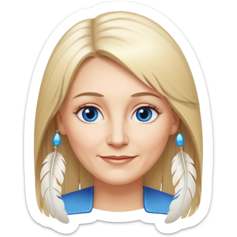 50 yr old white woman, feather bangs, very long straight blond hair, oval face, small smile, blue eyes, thin face, hair downback, hair parted at center of head, round cheeks, pale, longer hair sticker