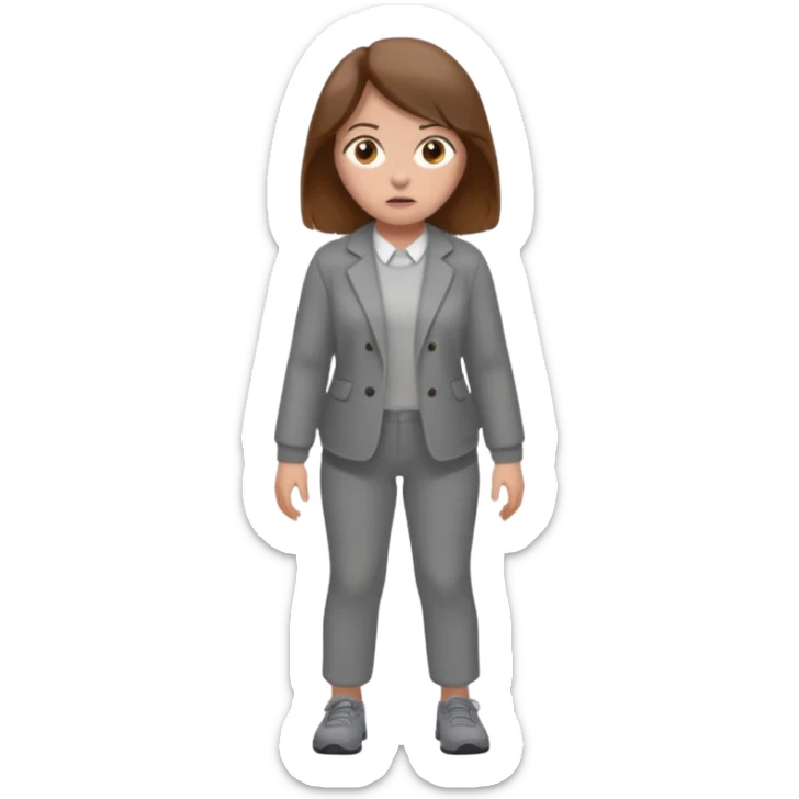 Chica grande  asustada de cuerpo completo con pelo castaño pantalones grises y saco gris  sticker