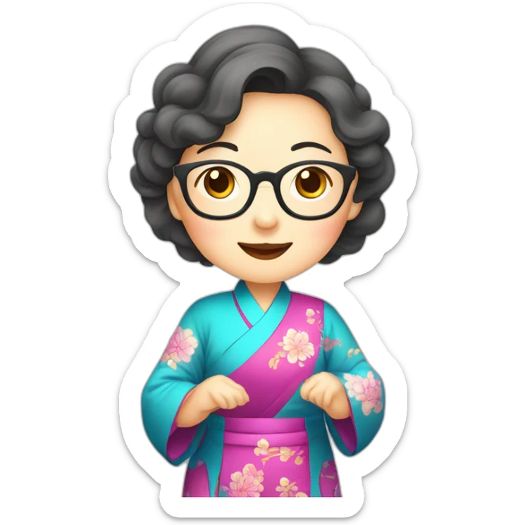 Chinese seniors lady wear glasses has wavy long hair wear Chinese traditional dress show appreciation sign sticker