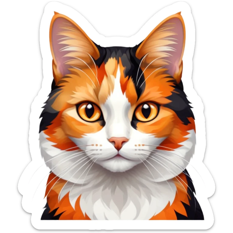 cinematic-noble-calico-cat-portrait-emoji,-poised-and-regal,-with-a-striking-patchwork-fur-in-vibrant-orange,-black,-and-white-hues premoninantly black,-delicate-whiskers-and-a-refined,-relaxed-gaze,-simplified-yet-exquisitely-detailed,-glowing sticker