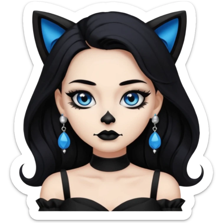 A girl with long black hair and blue eyes, black eyeshadow, black cat eye liner, mascara, and black lipstick,and black skull earrings. Also a black sexy dress   sticker