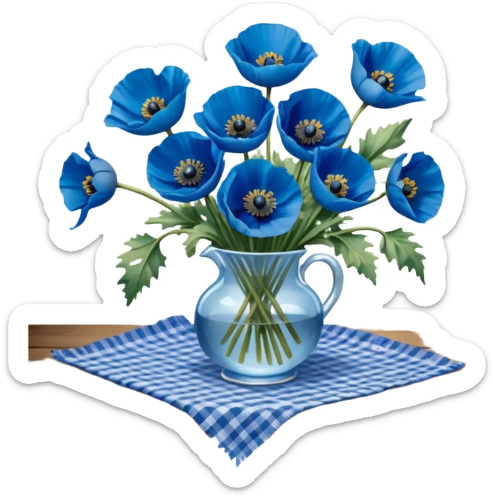 A lush bouquet of bright and bold blue poppies with a warm color ribbon, resting on an antique wooden table, with a pale blue plaid pattern table cloth, still life. 4k, dpi 300 sticker