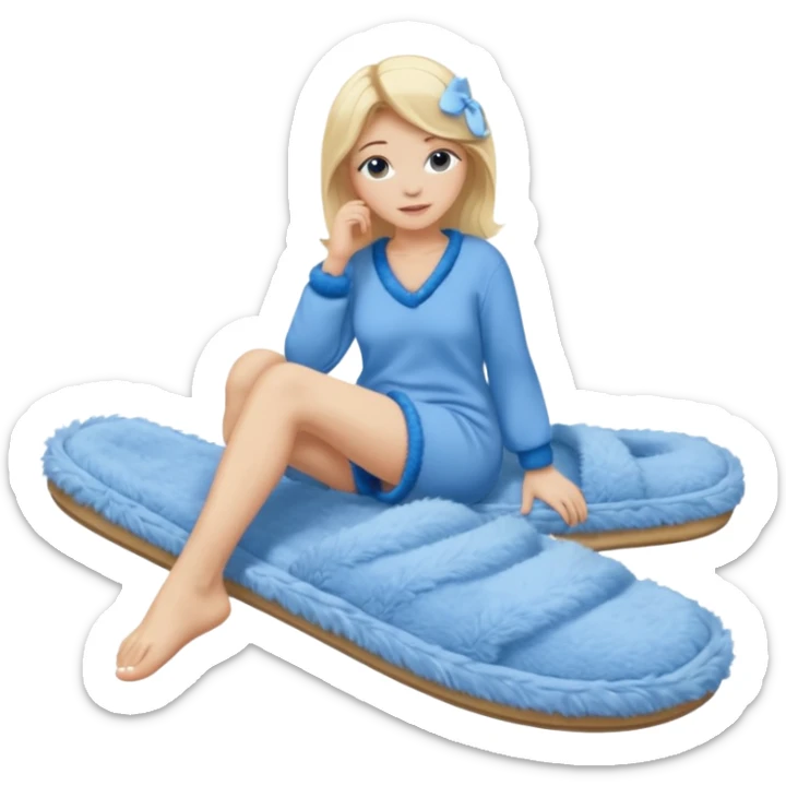 blonde woman wearing comfy lounging outfit, blue fuzzy slippers on her bare feet sticker