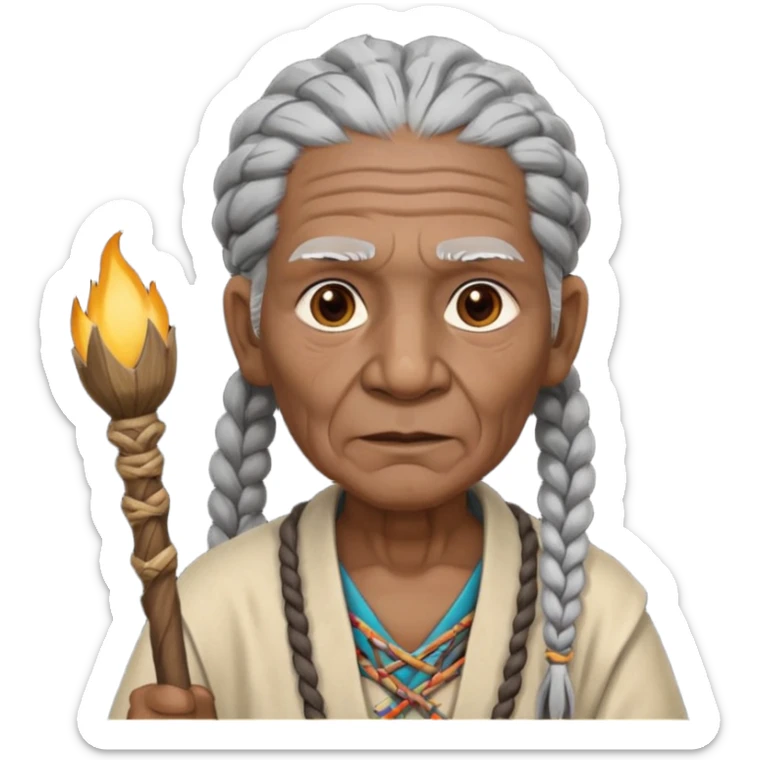 An elderly tribal leader with gray braids, wooden staff, and warm wise eyes.
 sticker