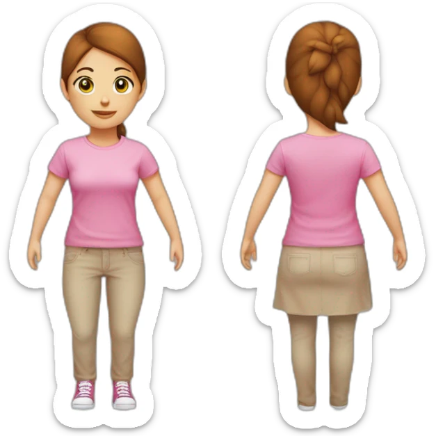 Meisje met lang bruin haar zonder krullen die een lange roze rok draagt met een wit t-shirt sticker