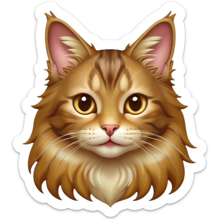 Cinematic Cute Maine Coon Cat Portrait Emoji, Head tilted playfully and inquisitively, sleek brown, gold, and cream tones, Simplified yet adorable features, highly detailed, glowing with a warm, friendly glow, high shine, curious and affectionate, stylized with a touch of whimsy, bright and alert, soft glowing outline, capturing the essence of a mischievous yet loving kitten, so endearing it feels like it could pounce out of the screen and play with its fluffy tail swishing! sticker