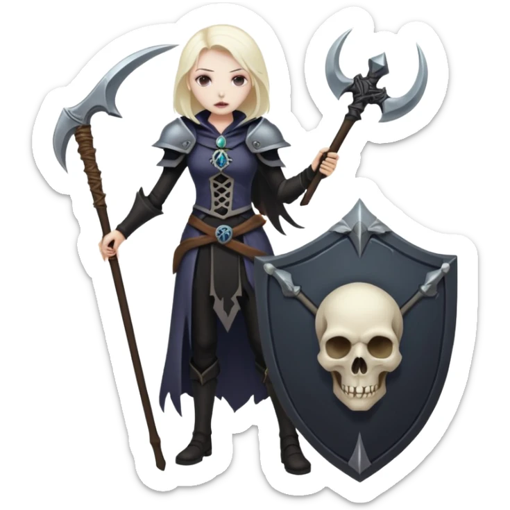 Necromancer girl with scythe and shield, in front of a dead mage sticker