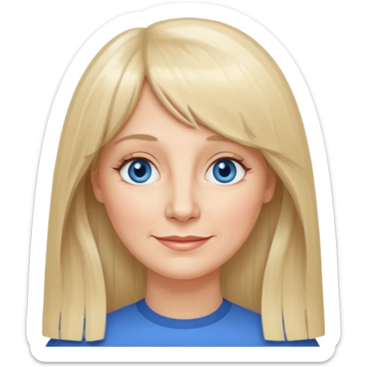 50 yr old white woman, curtain bangs, very long straight blond hair, oval face, small smile, blue eyes, thin face, hair down to elbows, round cheeks, pale sticker