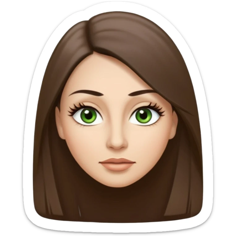 40 year old Adult woman avatar, light skin tone, long, oval face, long straight ashy brown hair, green almond-shaped eyes with dramatic eyelashes and minimal eyeliner, neutral mouth, medium straight eyebrows, small nose, smooth skin sticker