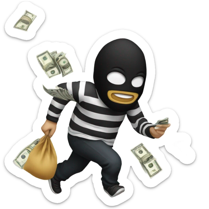 Robber running away with striped shirt and black mask, holding a money bag with some slips behind of cash sticker