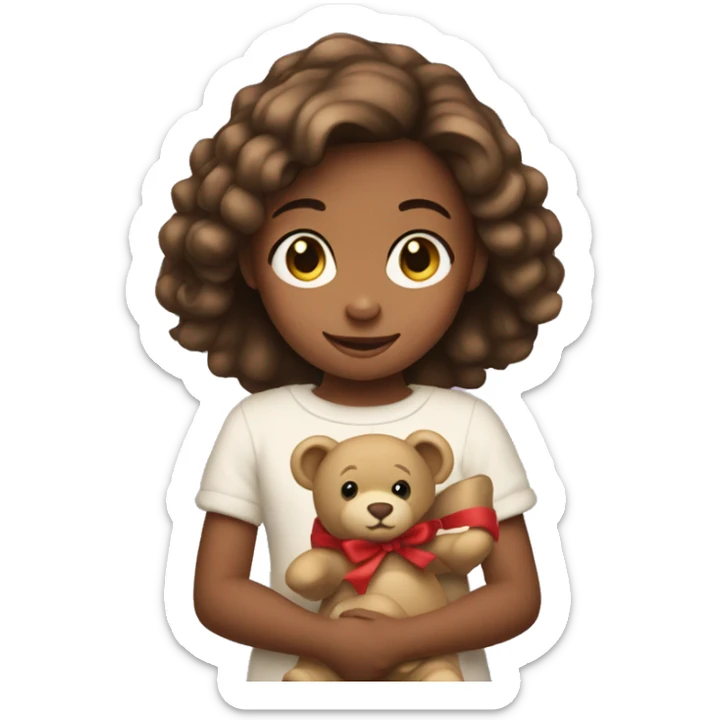 Little girl holding a teddy bear near the Christmas tree sticker
