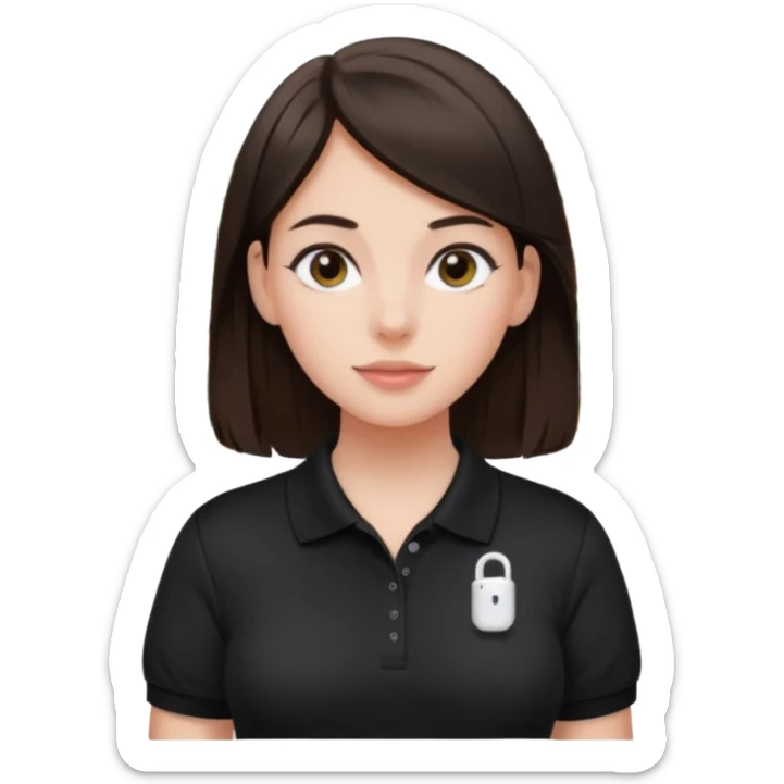 Girl with dark brown hair with airpods wearing a black wegmans grocery store polo sticker