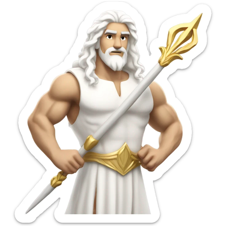 white Poseidon with gold Trident. long white hair white dress. show biceps muscle sticker