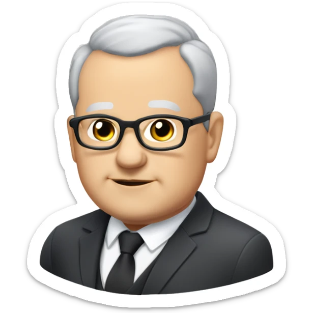 Chubby man of about 60 years of age with a bald shin. Small round glasses and dark eyes. Grey hair and a double chin. Chubby pointed nose. He wears a black suit with waistcoat, jacket and tie. sticker