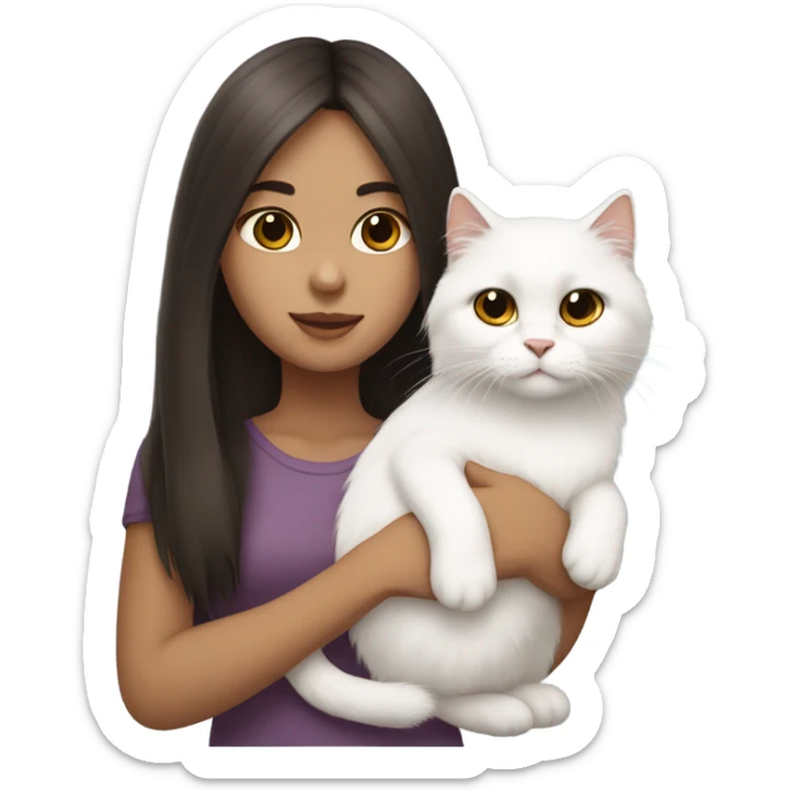 Dark brown straight hair girl with twoholding fluffy Siberian white cat  sticker