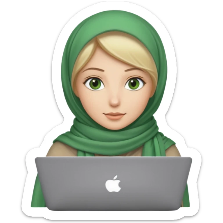 blond women skine , with green eyes , with scarf hijab ,dont show hir hair, with macbook sticker
