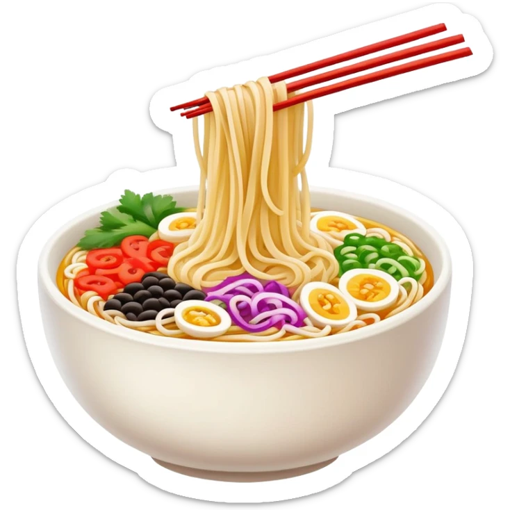 Shaanxi cold skin noodles with colorful toppings, simplified emoji style with bold outlines and bright colors, cartoon style Xi'an famous cold appetizer sticker
