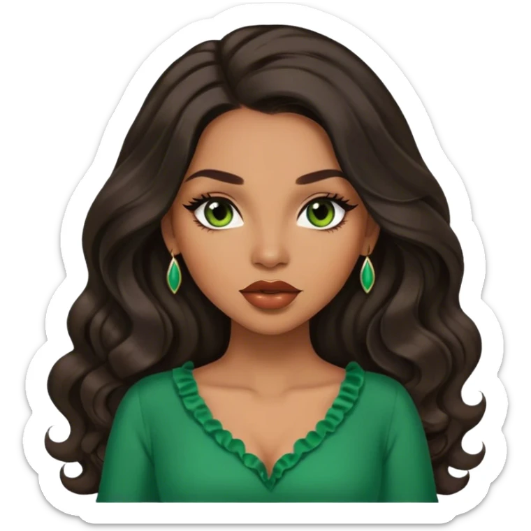 light brown skin tone, very beautiful woman, with big plump lips, long long lashes, black long wavy hair, middle hair parting, brown eyes, green dress sticker