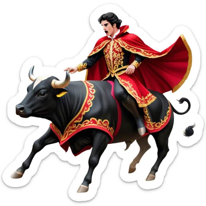 ​Cinematic Realistic Spanish Matador in Action, depicted in an ornate traje de luces with a flowing red cape, captured in the dramatic moment of confronting a charging bull in a traditional bullring, rendered with dynamic motion and dramatic lighting that encapsulates the intensity and artistry of the spectacle, sticker