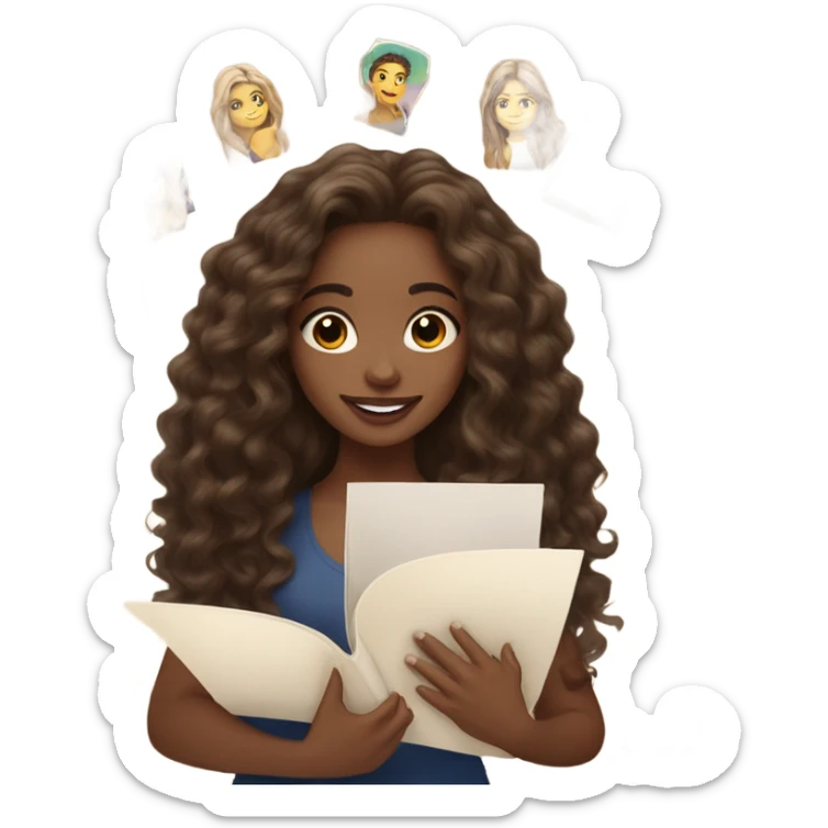 light skinned fair girl with long, wavy, dark brown hair and brown eyes, holding a journal, surrounded by a vision board sticker