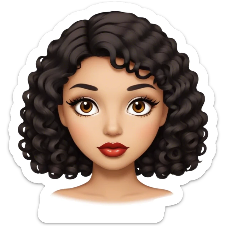 Glamourous, light brown skin tone, very beautiful woman, with big plump lips, long long lashes, black curly smooth short hair, brown eyes sticker